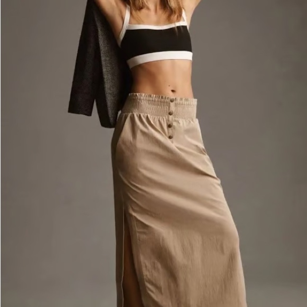 Anthropologie Tan Midi Skirt with Button Detail